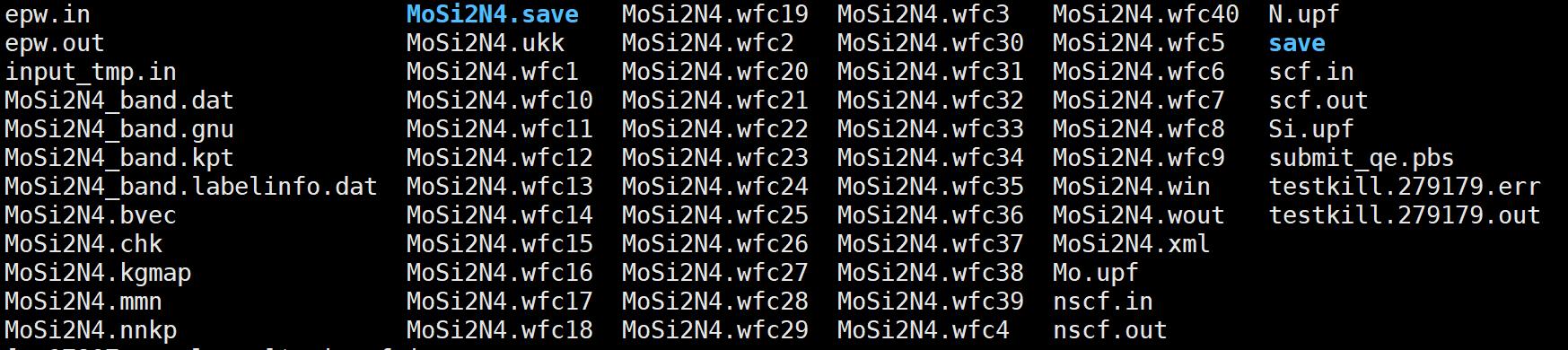 &amp;inputepw<br />  prefix      = 'MoSi2N4',<br />  amass(1)    = 95.9400024,<br />  amass(2)    = 28.0849991,<br />  amass(3)    = 14.0070000,<br />  outdir      = './',<br />  dvscf_dir   = './save',<br />  filukk      = './MoSi2N4.ukk',<br /><br />  elph        = .true.    ! calculate e-ph coefficients<br />  epwwrite    = .true.    ! write e-ph matrices in Wann representation<br />  epwread     = .false.   !<br /><br />  lpolar = .true.         ! correct electron-phonon matrix for polar materials<br />  system_2d = .true.<br />  fsthick  = 6            ! energy windows (eV)<br />  temps    = 300          ! K<br />  degaussw = 0.01         ! Smearing in the energy-conserving delta functions (eV)<br />  degaussq = 0.02         ! Smearing for sum over q in the e-ph coupling (meV)<br /><br />  elecselfen = .true.<br />  phonselfen = .false.<br />  elecselfen = .true.<br />  phonselfen = .false.<br /><br />  wannierize  = .true.    !  calculate Wannier functions using W90 library<br />  nbndsub     =  23,       !  number of Wannier functions to utilize<br />  num_iter = 0,<br />  iprint = 2,<br />  dis_win_max = 17.0<br />  dis_win_min = -18.0<br />  dis_froz_min = -9.0<br />  dis_froz_max = 6.8<br />  proj(1)  = 'Mo:l=2',<br />  proj(2)  = 'Si:l=1'<br />  proj(3)  = 'N:l=1'<br /><br />  wdata(1) = 'bands_plot = .true.'<br />  wdata(2) = 'begin kpoint_path'<br />  wdata(3) = 'K -0.333 0.667 0.000 G  0.000 0.000 0.000'<br />  wdata(4) = 'G  0.000 0.000 0.000 M  0.000 0.500 0.000'<br />  wdata(5) = 'M  0.000 0.500 0.000 K -0.333 0.667 0.000'<br />  wdata(6) = 'end kpoint_path'<br />  wdata(7) = 'bands_plot_format = gnuplot'<br />   nkf1  = 128<br />  nkf2  = 128<br />  nkf3  = 128<br /><br />  nqf1  = 128<br />  nqf2  = 128<br />  nqf3  = 128<br /><br />  nk1   = 16<br />  nk2   = 16<br />  nk3   = 1<br /><br />  nq1   = 8<br />  nq2   = 8<br />  nq3   = 1<br /> /<br /> 10 cartesian<br />   0.000000000000000E+00   0.000000000000000E+00   0.000000000000000E+00<br />   0.000000000000000E+00   0.144337567297408E+00   0.000000000000000E+00<br />   0.000000000000000E+00   0.288675134594816E+00   0.000000000000000E+00<br />   0.000000000000000E+00   0.433012701892223E+00   0.000000000000000E+00<br />   0.000000000000000E+00  -0.577350269189631E+00   0.000000000000000E+00<br />   0.125000000000010E+00   0.216506350946112E+00   0.000000000000000E+00<br />   0.125000000000010E+00   0.360843918243519E+00   0.000000000000000E+00<br />   0.125000000000010E+00   0.505181485540927E+00   0.000000000000000E+00<br />   0.250000000000020E+00   0.433012701892223E+00   0.000000000000000E+00<br />   0.250000000000020E+00   0.577350269189631E+00   0.000000000000000E+00